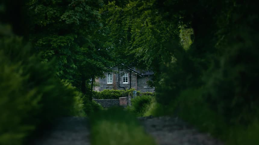 A secluded stone house is seen at the end of a lush green path framed by overgrown trees