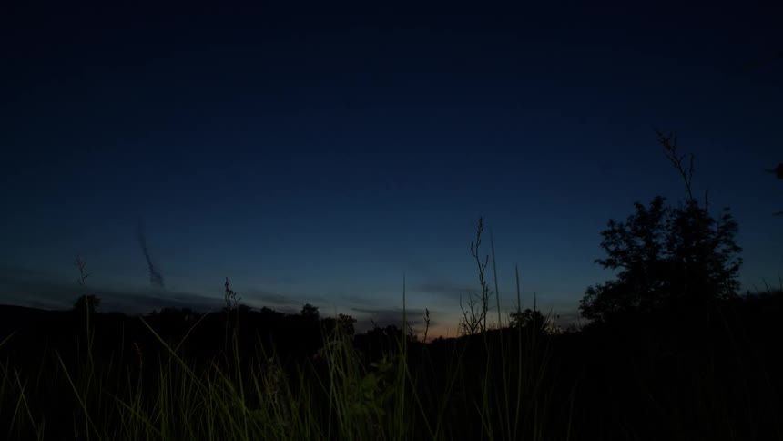 The last light of day fades on the horizon behind a tranquil, silhouetted field of grass and trees