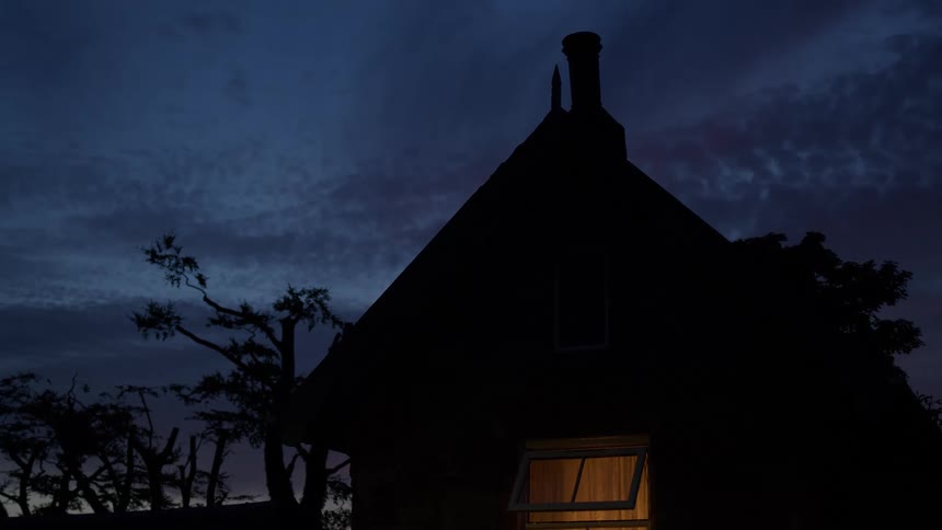 A warm light glows from an open window in a silhouetted cottage against a deep blue twilight sky