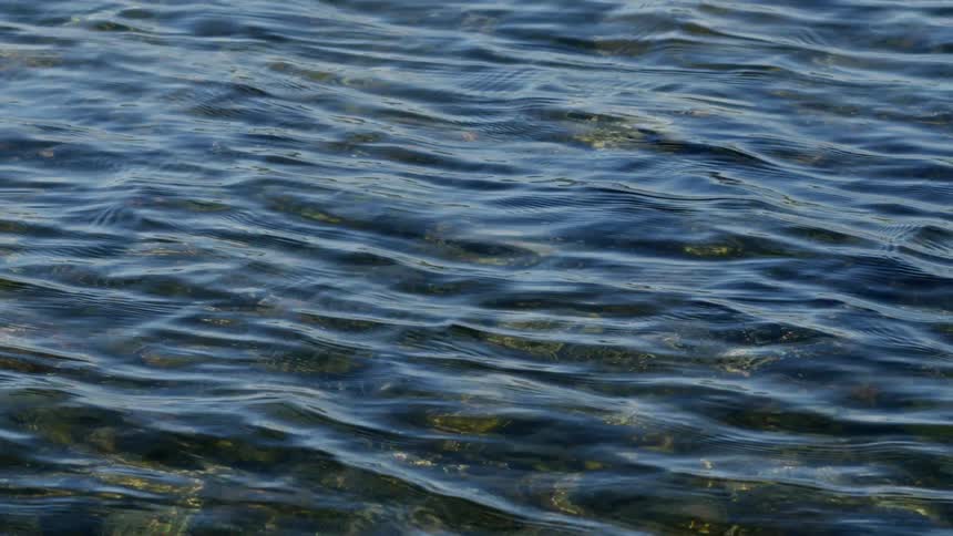 Calm, clear blue water gently ripples over a rocky bottom on a sunny day