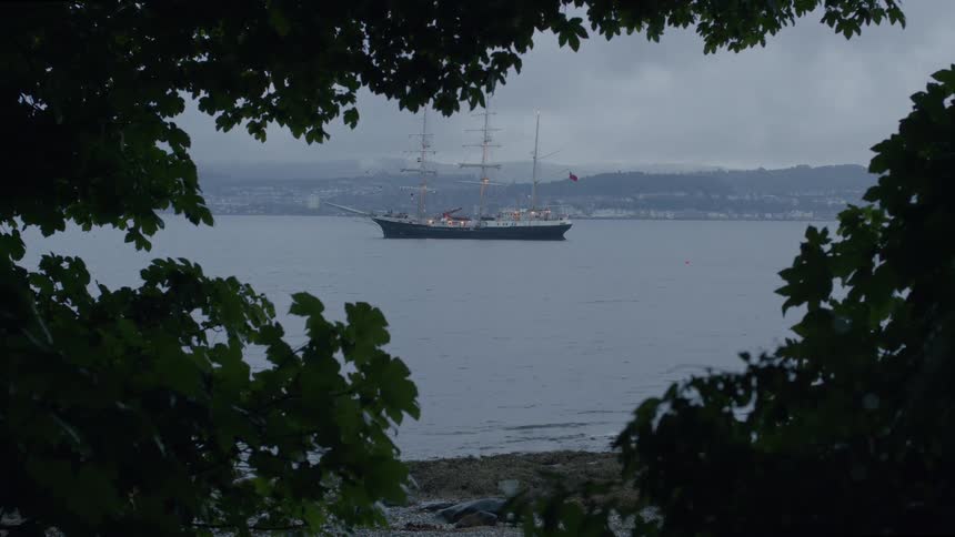 A classic three-masted tall ship is anchored in a calm bay at dusk, viewed through a natural frame of leaves