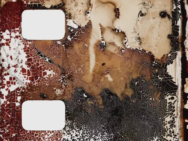 Stop-motion animation reveals the grungy, decaying texture of a distressed vintage film strip with sprocket holes