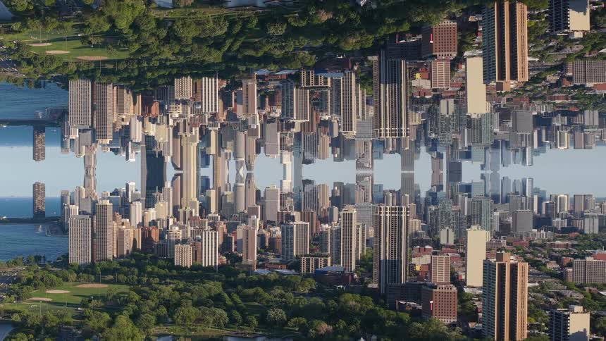 A mesmerizing and surreal aerial view of a futuristic mirrored city skyline, creating a symmetrical and dreamlike landscape