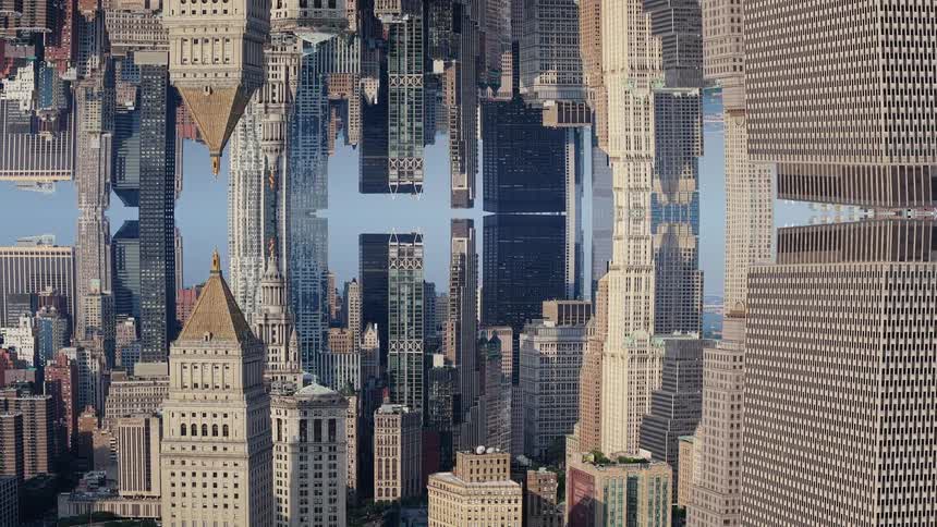 Vertical abstract aerial zoom out of a surreal mirrored New York City cityscape
