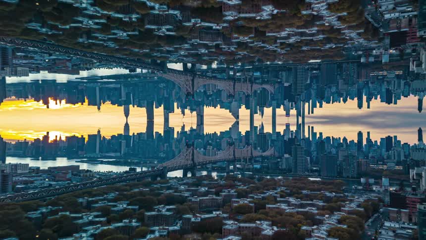 Futuristic and surreal mirrored cityscape of New York City with a slow zoom towards the Queensboro Bridge as day turns to night