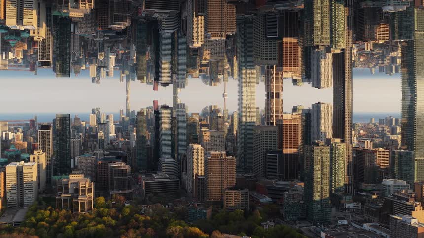 Surreal and cinematic aerial footage reveals a sprawling metropolis mirrored into an incredible upside-down world