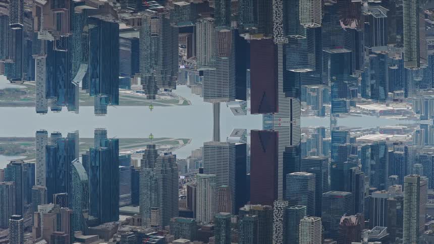 A surreal mirrored cityscape creates a futuristic, abstract 'Inception'-style visual of a metropolis over water