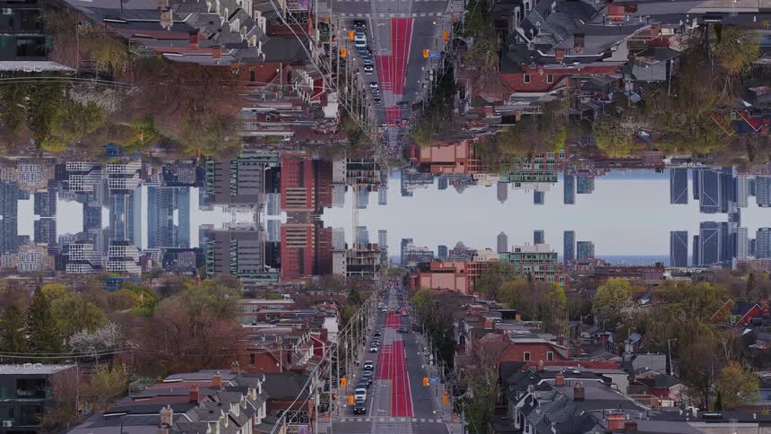 A surreal, mirrored cityscape creates an 'Inception'-style view down a long street with a red bike lane, leading towards a distant skyline