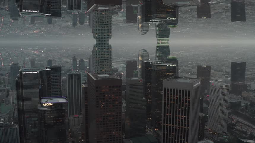 A surreal and futuristic cityscape with an inverted mirror effect creating a dystopian, upside-down world at dusk