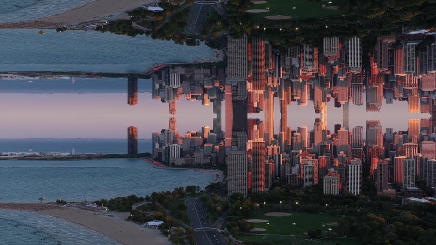 A surreal, mirrored time-lapse captures a symmetrical coastal cityscape glowing under the beautiful light of sunset