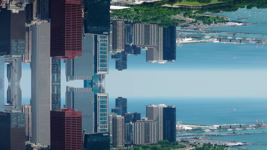 A surreal vertical timelapse shows the Chicago skyline mirrored against itself over Lake Michigan on a bright summer day