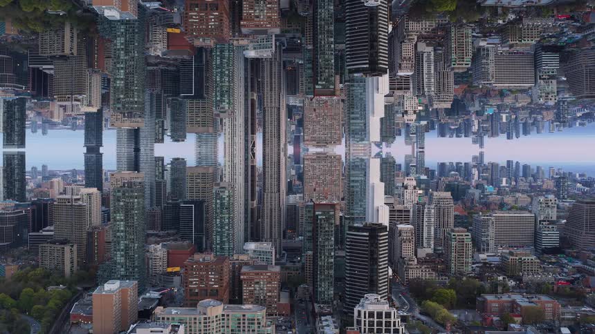 A surreal aerial shot pulls back revealing a horizontally mirrored cityscape, creating a mind-bending, upside-down world