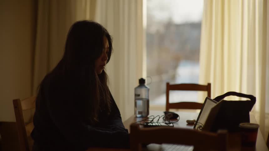 A young woman is silhouetted by the soft light from a window as she works on her laptop at a dining room table
