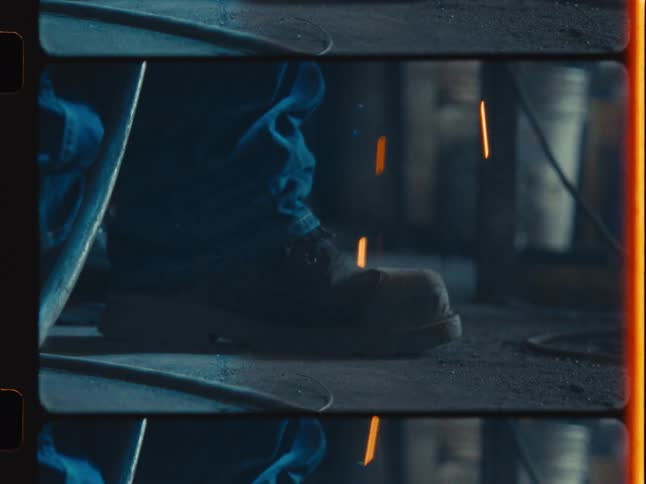 A gritty, vintage film shot captures welding sparks falling around a worker's heavy-duty boot in a dark workshop