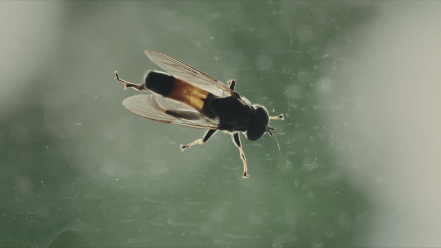 An extreme macro close-up from below shows a black and yellow hoverfly meticulously cleaning its legs and wings on a dirty window