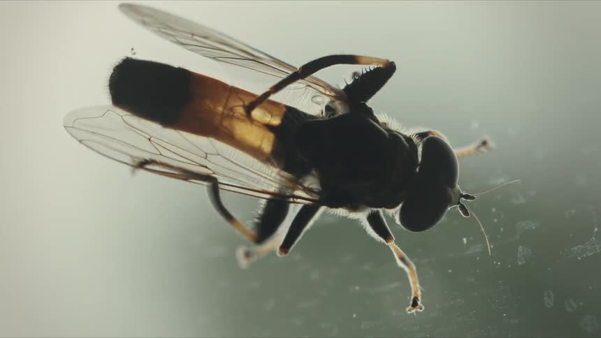 A macro shot from below shows a silhouetted hoverfly cleaning its legs and body while resting on a glass window pane