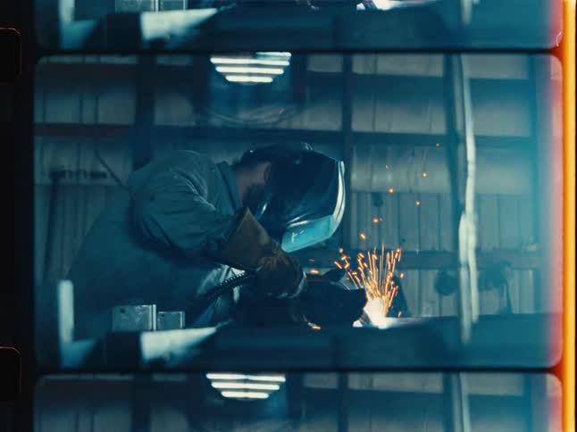 Industrial welder at work in a factory, with bright sparks illuminating the scene, presented in a vintage triple-split film frame