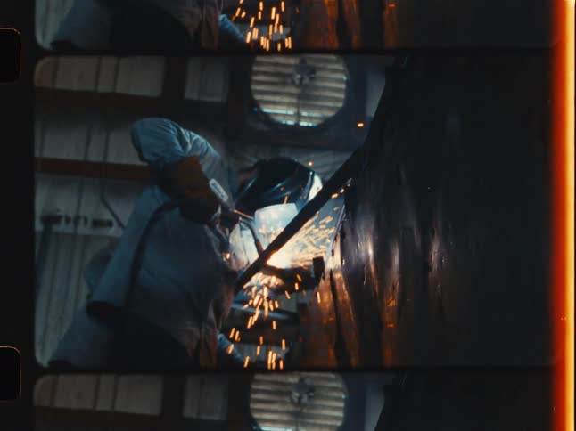 Vintage 16mm film strip footage shows a welder at work, with bright sparks illuminating the dark industrial scene