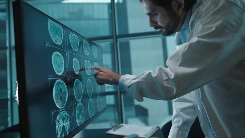A dedicated doctor in a white lab coat carefully analyzes brain scans on a large computer screen in a modern office