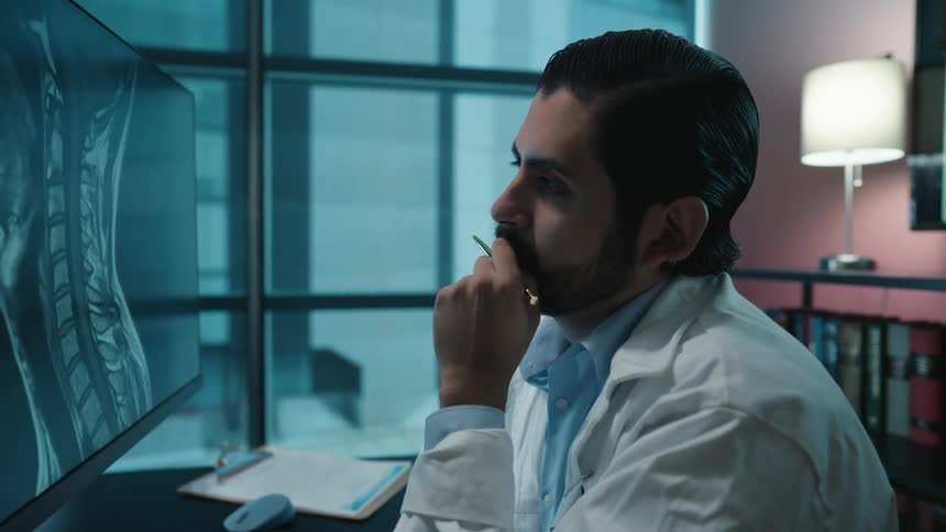 Thoughtful doctor in his office meticulously studies a spinal MRI on a large computer monitor