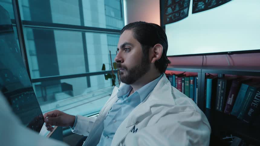 A focused male doctor in his modern office carefully examines a patient's brain MRI scan