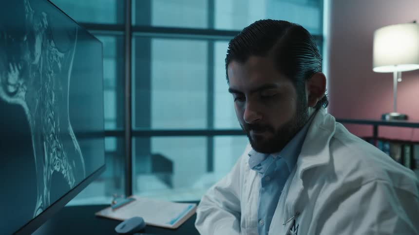 A pensive doctor in his office carefully analyzes a patient's neck MRI scan displayed on a large computer monitor