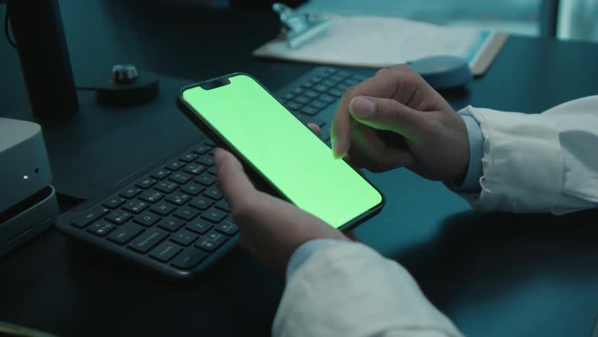 A doctor in a white coat uses a smartphone with a green screen while sitting at a desk in a dark office at night
