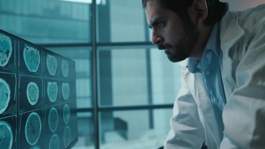 A dedicated doctor in his modern office meticulously examines a patient's brain MRI scans on a lightbox and then on a large computer monitor