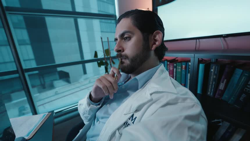 A thoughtful male doctor in a white coat analyzes a patient's X-ray scan in his modern office