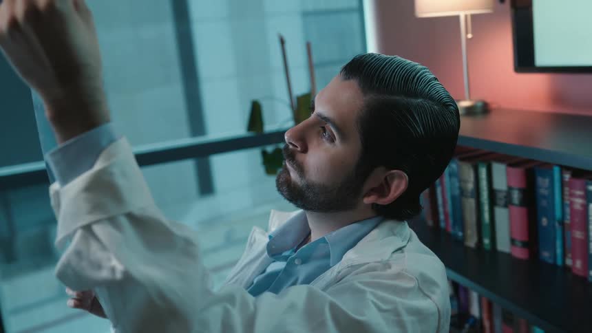A focused doctor in a white lab coat intently examines an X-ray scan in his office