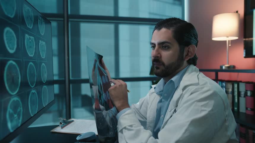 A focused doctor in his modern office compares a patient's CT brain scans on a monitor and physical film