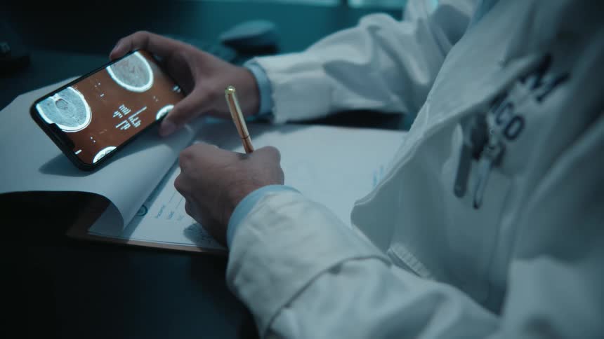 A medical professional in a white lab coat meticulously analyzes a brain scan on a smartphone and writes notes