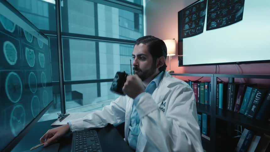 A doctor in his office drinks from a mug while intently analyzing brain scans on a computer monitor