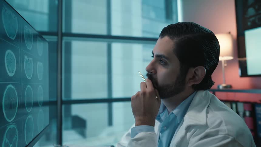 A thoughtful doctor in a white coat studies a patient's brain scans on a computer monitor in a modern office