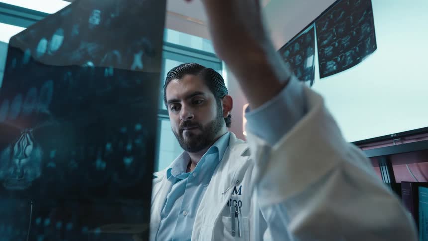 From a low angle, a serious doctor in a lab coat analyzes a brain MRI scan in a high-tech medical office