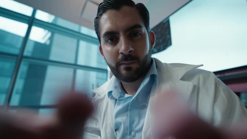 A serious-looking scientist in a lab coat types on a futuristic screen in this first-person point-of-view cinemagraph