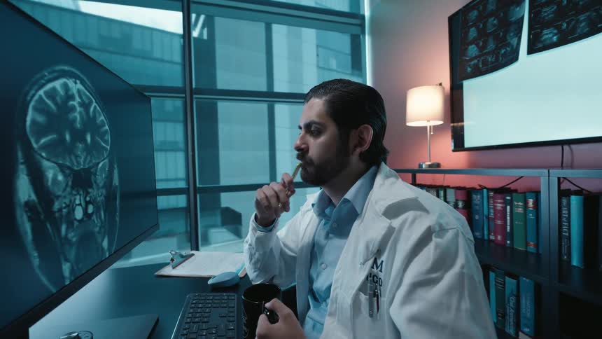A thoughtful male doctor in a white lab coat sips coffee while meticulously analyzing a brain MRI scan on his computer in a modern office