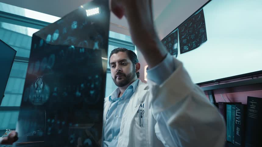 A male doctor in a white lab coat carefully examines a patient's skull X-ray in his modern office