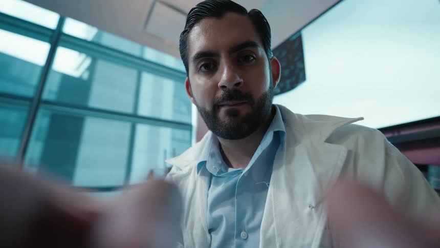 POV cinemagraph of a doctor or scientist examining a patient in a modern laboratory