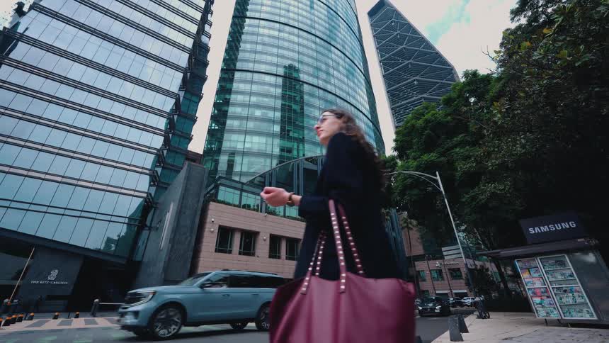 A stylish businesswoman confidently stops on a city street to admire the towering glass skyscrapers in a modern financial district