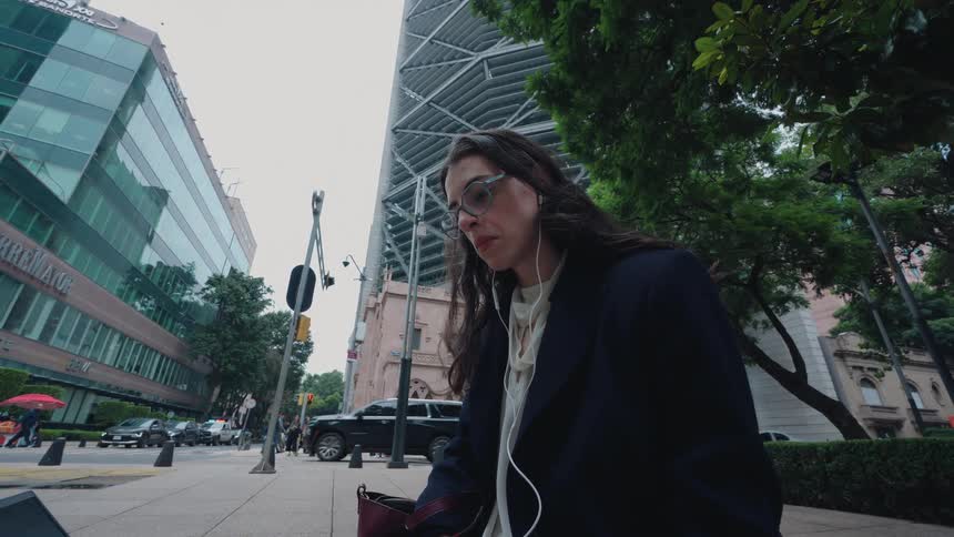 A professionally dressed woman with earphones works on her laptop while sitting on a busy city sidewalk with tall buildings in the background