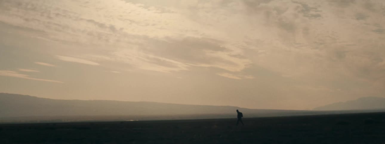 A lone hiker is silhouetted against the vast, hazy sky as they journey through a desolate wilderness