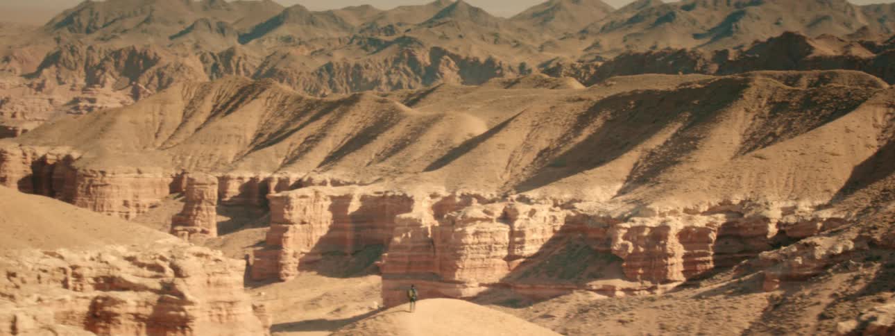A solitary traveler walks along a ridge, dwarfed by the immense and rugged desert canyon landscape