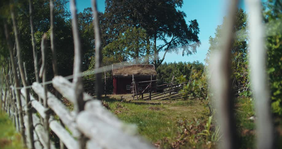A rustic red Swedish cabin with a sod roof gently steams behind a traditional wooden fence on a sunny day
