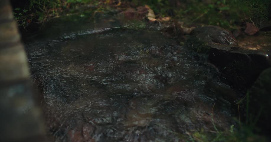 A rock creates a dramatic splash in slow motion as it is thrown into a shallow forest stream