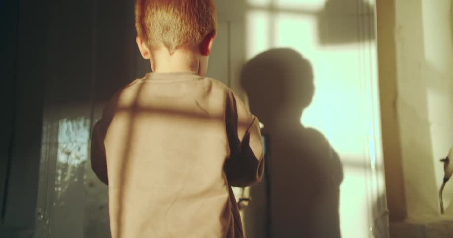 A young red-haired boy closes an old furnace door in a sunlit room and becomes fascinated by his own shadow on the wall