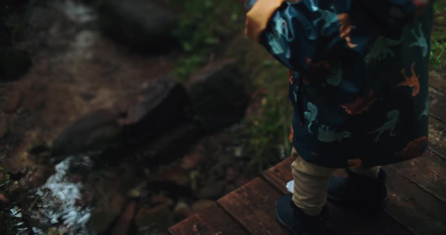A young boy in a dinosaur raincoat playing on a wooden bridge throws a rock into a creek in slow motion