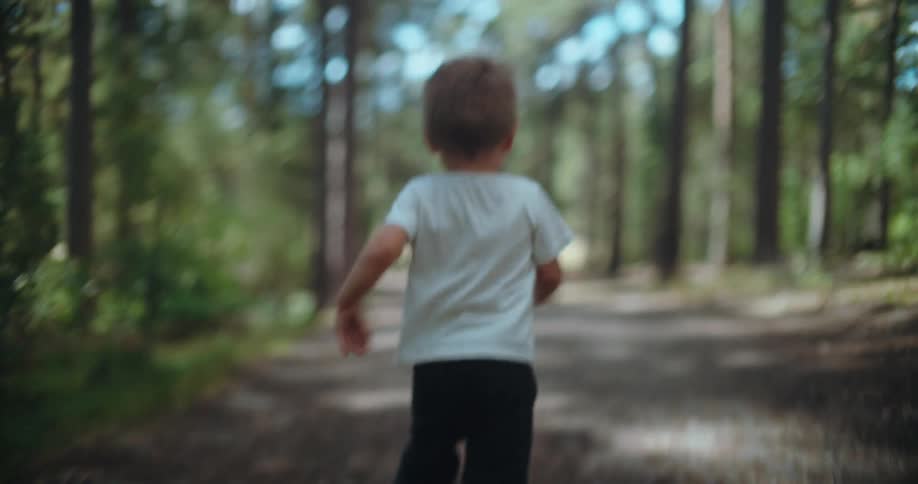 Slow motion, out-of-focus view from behind a small boy running down a sunlit forest path