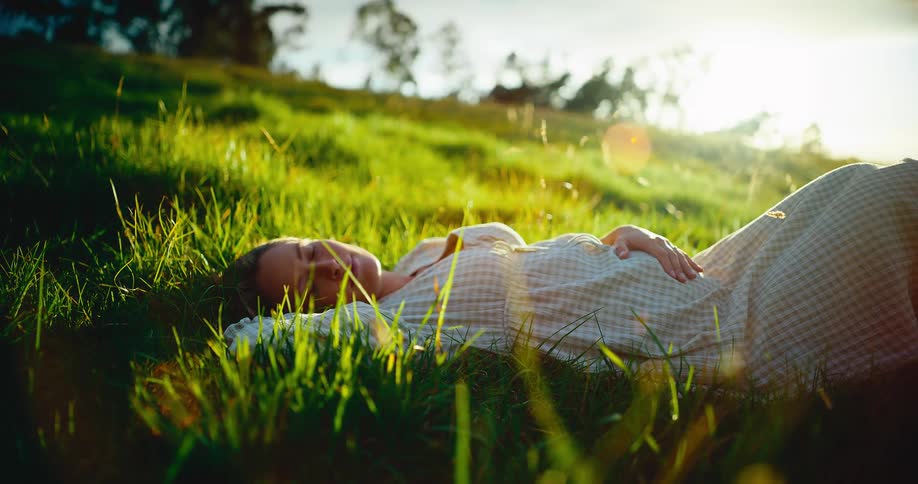 A peaceful pregnant woman rests in a lush grassy field, gently holding her belly in the warm golden hour sunlight