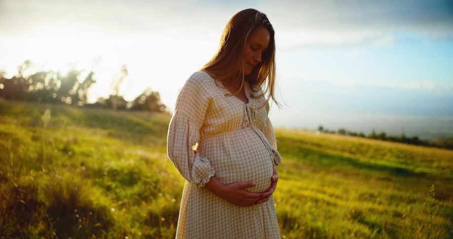 A pregnant woman peacefully cradles her belly while standing in a sun-drenched grassy field at golden hour